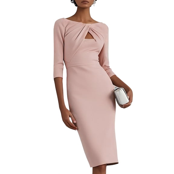 Tea-Length Party Dress, 7/8 Sleeve with a Flattering Fit, Classic and Graceful Dress for Mother of the Bride, Galas, and Special Occasions Pink XL