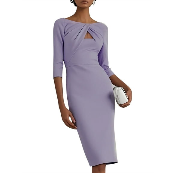 Tea-Length Party Dress, 7/8 Sleeve with a Flattering Fit, Classic and Graceful Dress for Mother of the Bride, Galas, and Special Occasions Purple L