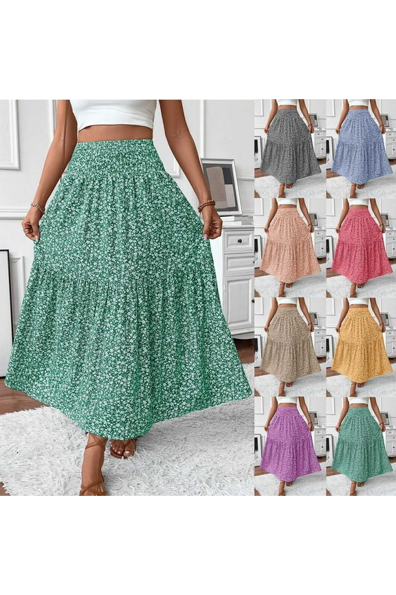 Tea-Length Skirt Skirt for Women High-Waisted Pleated Skirt Women Casual Summer Printed Ankle Circle Skirt, Size S-XL