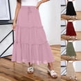 thumbnail image 1 of Tea-Length Skirt for Women Summer Casaul Solid Color Elastic High-Waisted Drawstring Pleated Circle Skirt, Size S-2XL, 1 of 7