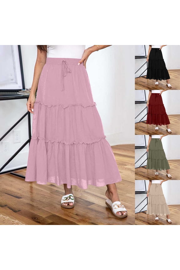 Tea-Length Skirt for Women Summer Casaul Solid Color Elastic High-Waisted Drawstring Pleated Circle Skirt, Size S-2XL