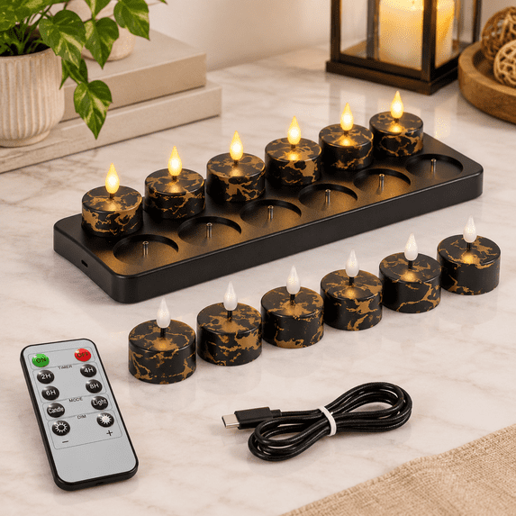 Led Remont Tea Lights Candles With Charging Station Black Marble Pattern Led ...