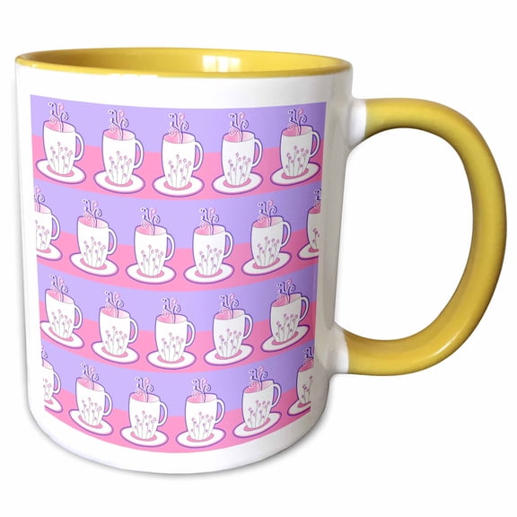 3drose, Tea Lover Gift - Cute Tea Cups Print - Pink and Purple, 11oz Two-tone Yellow Mug