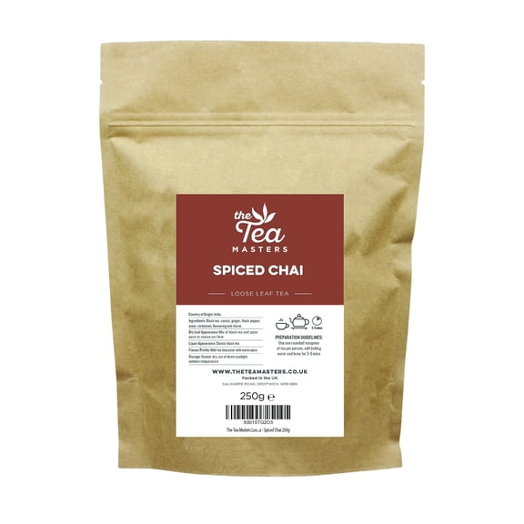 The Tea Masters Loose Leaf Tea - 250g Premium Spiced Chai - Richly Flavoured Black Leaves with Ginger, Cassia, Pepper, Anise, Cardamom, Cloves - Perfect for Every Teatime