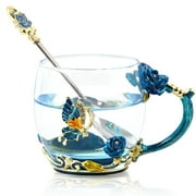 Tea Mug, Coffee Cup with Spoon Set Clear Glass Handmade Enamel Butterfly Flower,Mother's Day,Birthday,Christmas Gift