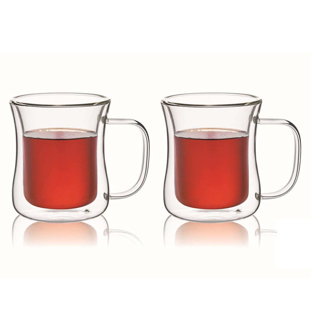 Tea Mug Double Wall Insulated Thermo Glass Mugs with Handle Set of 2