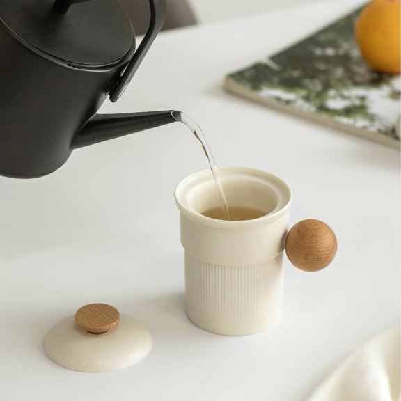 Tea Mug With Infuser and Lid for Loose Leaf Stepper, 12oz Creamy White Porcelain Teacup with Strainers, Globular Natural Wood Handle Tea Diffusers Mug, Tea Gifts$$Home Decor, Kitchen, & Other