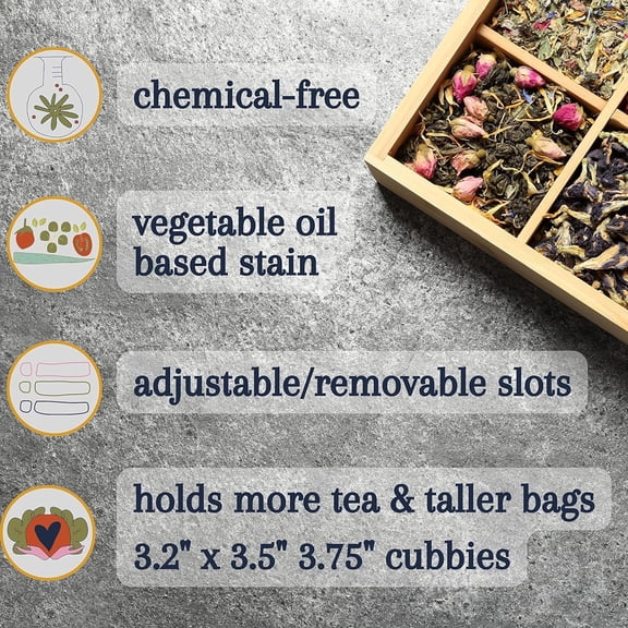 Tea Organizer Box 7.4" x 8.1" x 4.2" Bamboo Wood Organizer Storage Chest 4 Tall Adjustable Slots 100% Handmade Eco-Friendly Natural Kitchen Dcor