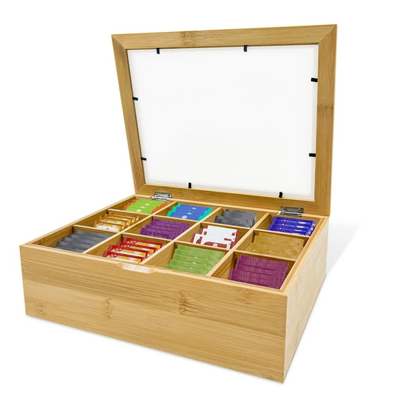 Tea Organizer Tea Bag Organizer and Storage Tea Bag Holder with Clear Acrylic Top Window, 12 Compartments Multi-Functional Storage Box