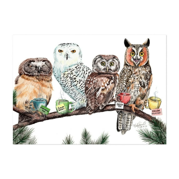 Tea Owls - Painting Bird Humor Nature Forest Unframed Wall Art Print 20 x 30 inches