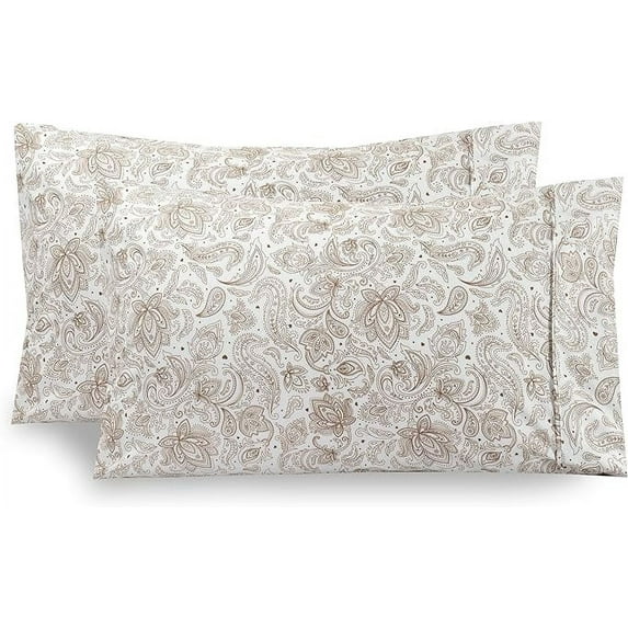 Mocassi 2 Floral Pint Pillowcases Set - 1500 Thread Microfiber 2-Piece Envelope Closure Pillow Covers, Soft and Smooth - King, Paisley Taupe