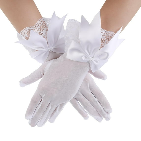 Tea Party Accessories for Women, Audhol Women Lace Gloves Tea Bow Gloves Short Mitten for Bridal Evening Costume Accessories Lace Gloves White, One Size