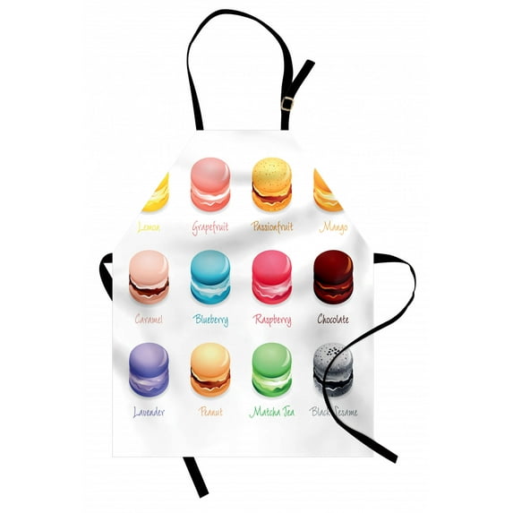 Tea Party Apron, Colorful French Macaron Cookies with Different Flavors Delicious Sweets Cuisine, Unisex Kitchen Bib with Adjustable Neck for Cooking Gardening, Adult Size, Multicolor, by Ambesonne