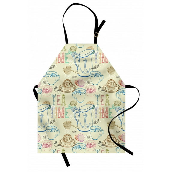 Tea Party Apron, Pale Colored Tea Time Themed Image with Various Kitchenware and Sweets Pattern, Unisex Kitchen Bib with Adjustable Neck for Cooking Gardening, Adult Size, Multicolor, by Ambesonne