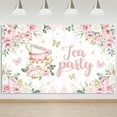 thumbnail image 1 of Tea Party Backdrop Banner Pink Floral Butterfly Teapot Let's Partea Background Spring Girl Princess Wonderland Afternoon Tea Cake Table Decorations Supplies, 1 of 7