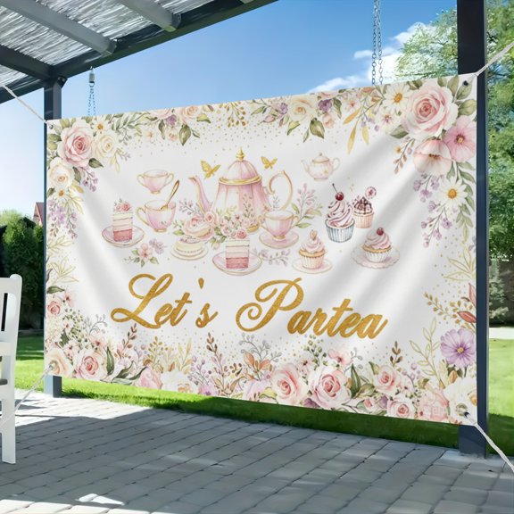 Tea Party Backdrop Floral Butterfly Glitter Let's Partea Banner Afternoon Tea Baby Shower Birthday Party Decorations 70.8 x 43.3 Inch 51*59IN
