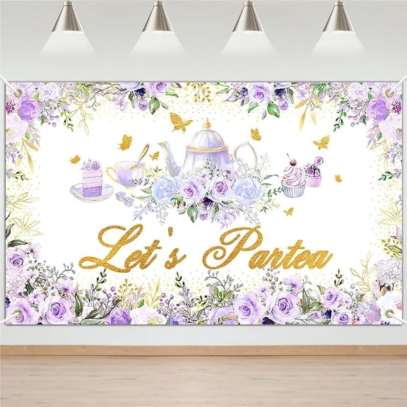 Tea Party Backdrop Floral Butterfly Glitter Let's Partea Banner Afternoon Tea Baby Shower Birthday Party Decorations 70.8 x 43.3 Inch (Pink)