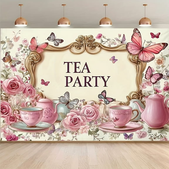 Tea Party Backdrop Let's Partea Wonderland Pink Floral Butterfly Glitter Tea Party Photography Background Sweet Girl Garden Afternoon Tea Birthday Bridal Shower Party Decorations Baby Shower Supplies