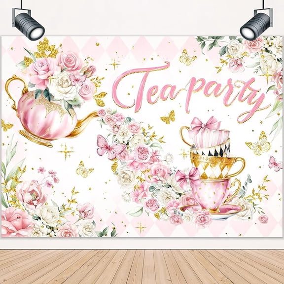Tea Party Backdrop Watercolor Cute Gold Butterfly Floral Wonderland Birthday Photography Background for Girl Pink Plaid Dessert Princess Lovely Birthday Party Decorations Banner Photo Booth Props