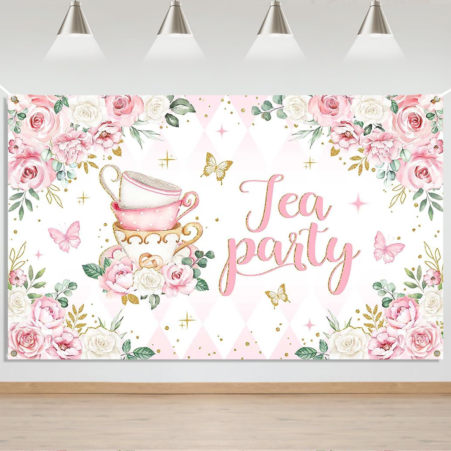 Tea Party Beautiful 7x5ft Backdrop Banner Pink Floral Butterfly Teapot ...
