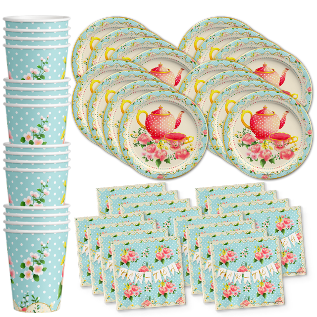 Tea Party Birthday Party Supplies Set Plates Napkins Cups Tableware Kit