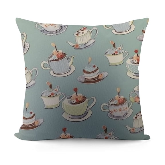 Tea Party Chair Seating Cushion, Coffee Pot Teapot Spoons Plates and Creamy Slices of Cake with Cherries, Anti-Slip Seat Padding for Kitchen &amp; Patio, Bluegrey Red Green