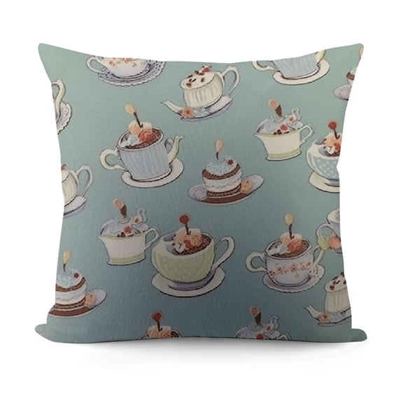 Tea Party Chair Seating Cushion, Coffee Pot Teapot Spoons Plates and Creamy Slices of Cake with Cherries, Anti-Slip Seat Padding for Kitchen & Patio, Bluegrey Red Green