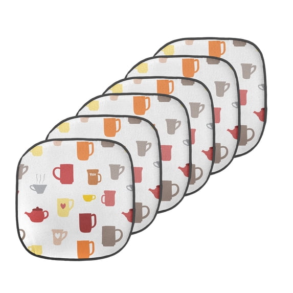 Tea Party Chair Seating Cushion Set of 6, Colorful Coffee Cups and Tea Mugs Pattern Having a Hot Drink Kitchen Utensils, Seat Pads for Office with Anti-slip Backing, 16"x16", Multicolor, by Ambesonne