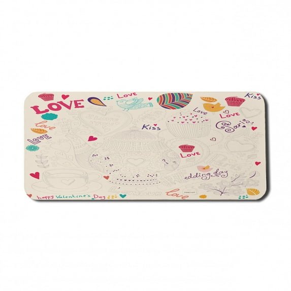 Tea Party Computer Mouse Pad, Hand Drawn Doodle Style Cartoon Tea Time Sketch Love Kiss Teapot Birds, Rectangle Non-Slip Rubber Mousepad X-Large, 35" x 15" Gaming Size, Multicolor, by Ambesonne