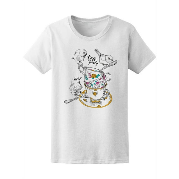 Tea Party Cups And Birds  T-Shirt Women -Image by Shutterstock, Female Small