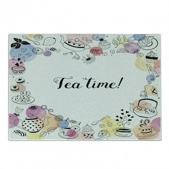 Tea Party Cutting Board, Doodle Style Frame with Tea Time Retro Lettering Cups Sweets Colorful Dots, Decorative Tempered Glass Cutting and Serving Board, Small Size, Multicolor, by Ambesonne