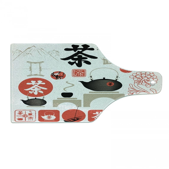 Tea Party Cutting Board, Japanese Design with Cultural Elements Flowers Hill Mountain Tea Pot, Tempered Glass Cutting and Serving Board, Wine Bottle Shape, Vermilion Black Beige, by Ambesonne
