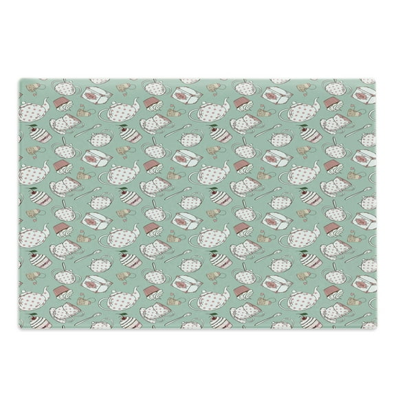 Tea Party Cutting Board, Polka Dots on Teapots and Cups Cupcake with Cherry on Top Teabag English, Decorative Tempered Glass Cutting and Serving Board, Large Size, Almond Green Coral, by Ambesonne