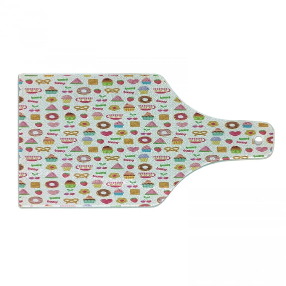 Tea Party Cutting Board, Sweets Candies Cookies Fruit and Other Things Cheerful Composition, Decorative Tempered Glass Cutting and Serving Board, Wine Bottle Shape, Multicolor, by Ambesonne