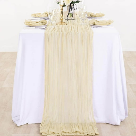 Tea Party Decor,Beige Table Runner 35x71 Inch,Boho Rustic Semi Sheer Pleated Table Colth for Birthday Party,Baby Shower, Bridal Shower, Home & Event Decor
