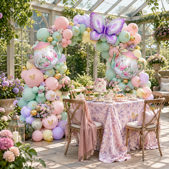 Tea Party Decorations 154balloon Arch Garland Kit With Pastel Pink Yellow Green Balloons Teapoterfly Foil For Birthday Let's Par