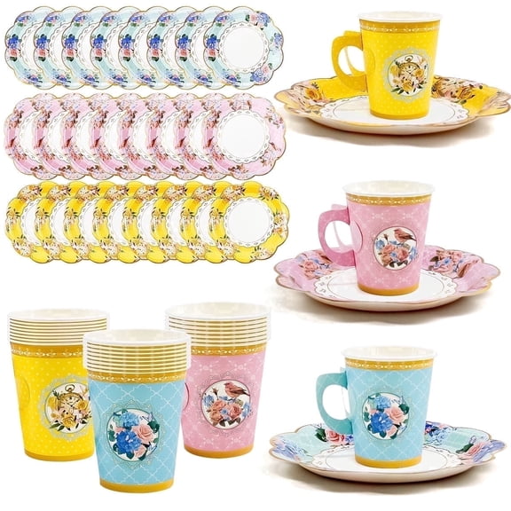 Tea Party Decorations 7OZ Disposable Tea Cups with Handles & Saucers, Floral Tea Party Tableware for Birthdays, Bridal Showers, Easter, Set for 24 Guests (Yellow, Pink, Blue)