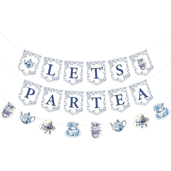 Tea Party Decorations Banner Garland, Blue and White Porcelain Let's Par-Tea Decor Banner, Chinoiserie Garland, Chinese Style Birthday Baby Bridal Shower Wedding Gender Reveal Supplies