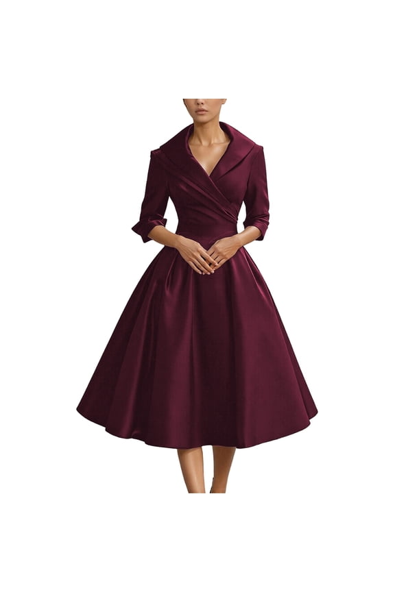 Tea Party Dresses for Woman Formal Tea Length Long Sleeve Wedding Guest Dress A Line V Neck Wrap Ruched Cocktail Evening Gowns Red, Size XS