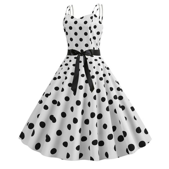 Tea Party Dresses for Women Spaghetti Straps Vintage Cocktail Dress Polka Dot Retro 1950s Sleeveless Swing Midi Dress