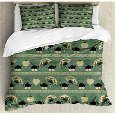 Tea Party Duvet Cover Set King Size, Chinese Culture Inspired Tea Time Lantern Teapot and Fan Oriental, Decorative 3 Piece Bedding Set with 2 Pillow Shams, Reseda Green Black Cream, by Ambesonne