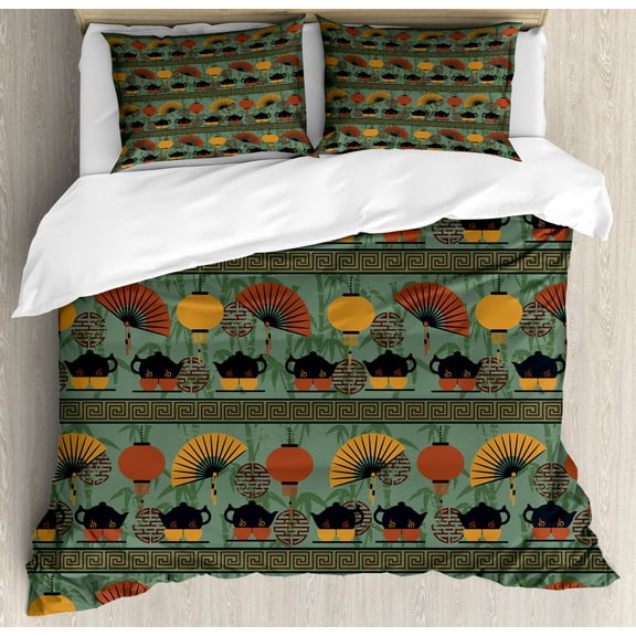 Tea Party Duvet Cover Set Queen Size, Asian Ethnicity Theme Grunge Bamboo Branches Chinese Lanterns, Decorative 3 Piece Bedding Set with 2 Pillow Shams, Reseda Green Orange Marigold, by Ambesonne