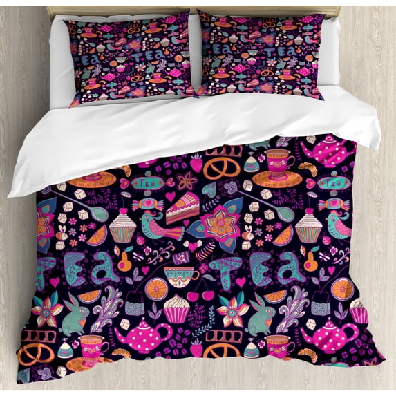 Tea Party Duvet Cover Set Queen Size, Vibrant Colored Abstract Expression of Tea Party Cupcakes Sugar Teacups and Pots, Decorative 3 Piece Bedding Set with 2 Pillow Shams, Multicolor, by Ambesonne