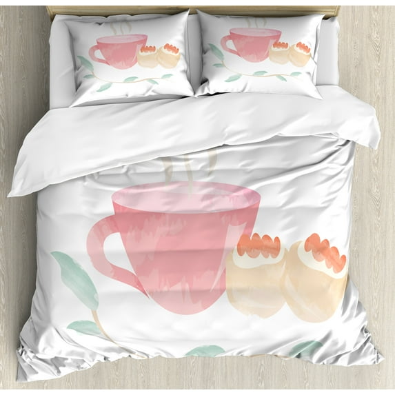 Tea Party Duvet Cover Set, Watercolor Drawn Scones Hot Tea Cup Twig Composition, Decorative 3 Piece Bedding Set with 2 Pillow Shams, Calking Size, Pink Salmon, by Ambesonne