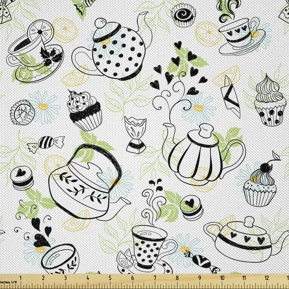 Tea Party Fabric by The Yard, Hand Drawn Doodle Style Teapots Cups and Hearts Flowers Drinks, Decorative Satin Fabric for Home Textiles and Crafts, 1 Yards, White and Black, by Ambesonne