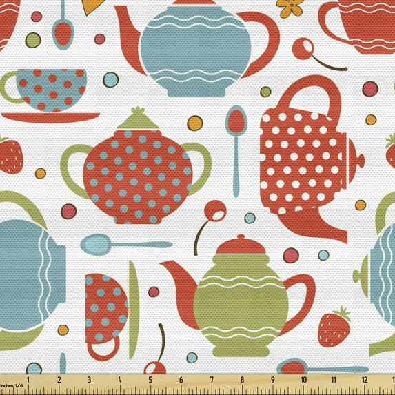 Ambesonne Tea Party Fabric by the Yard Upholstery, Pots Cups and Spoons, 3 Yards, Multicolor