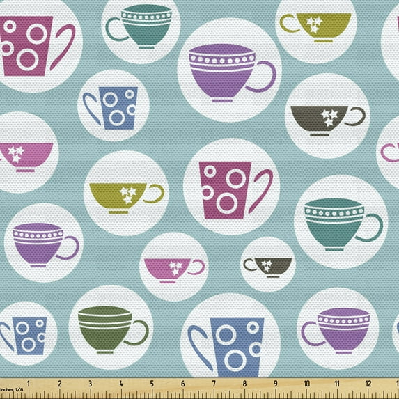 Ambesonne Tea Party Fabric by the Yard Upholstery, Various Cups and Mugs, 1 Yard, Multicolor