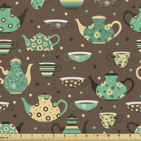 Tea Party Fabric by the Yard, Cups Pots with Different Floral Motifs on Dotted Brown Background, Decorative Upholstery Fabric for Sofas Home Accents, 2 Yards, Sea Green Brown Beige by Ambesonne