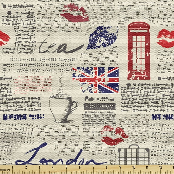 Tea Party Fabric by the Yard, London Newspaper Inspired Background with Grunge Elements Kiss Marks, Upholstery Fabric for Dining Chairs Home Decor Accents, Beige Navy Blue Red by Ambesonne