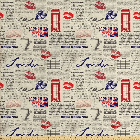 Ambesonne Tea Party Fabric by the Yard Upholstery, Newspaper Kiss Marks, 10 Yards, Beige Navy Blue Red